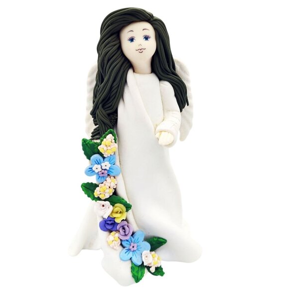 Kneeded Angels Vintage Figure Dark Hair Blue Eyes Flowers Pavilion Gift Co 6 In - Picture 1 of 16